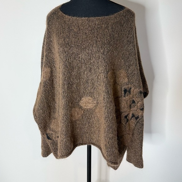 SARAH PACINI Brown Jacquard Poncho Sweater Long Sleeve Merino Wool Mohair O/S - Picture 8 of 11